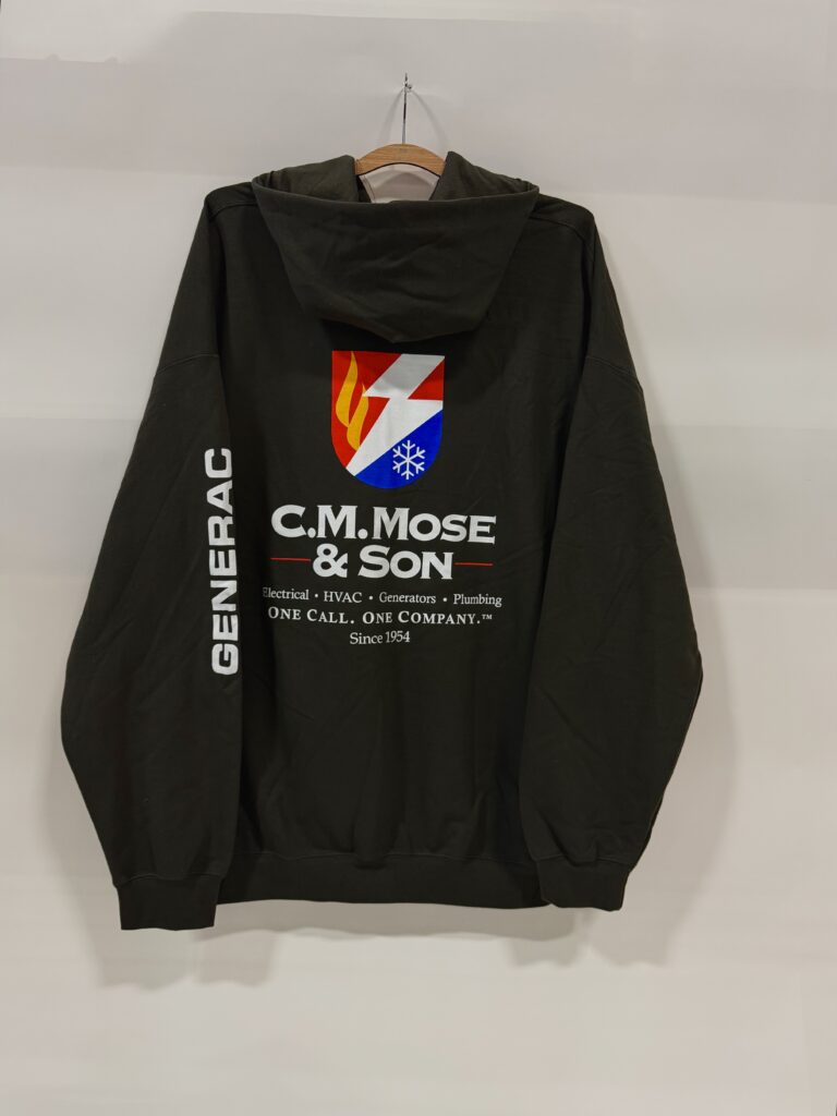 Black hoodie with screen printed design.